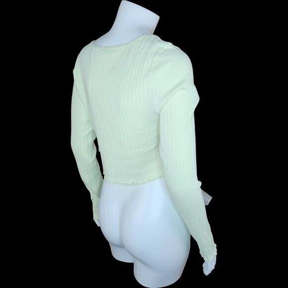 NWT BP. Womens Medium Green Limecream Cropped Long Sleeve ButtonUp Henley Ruffle - Picture 6 of 12